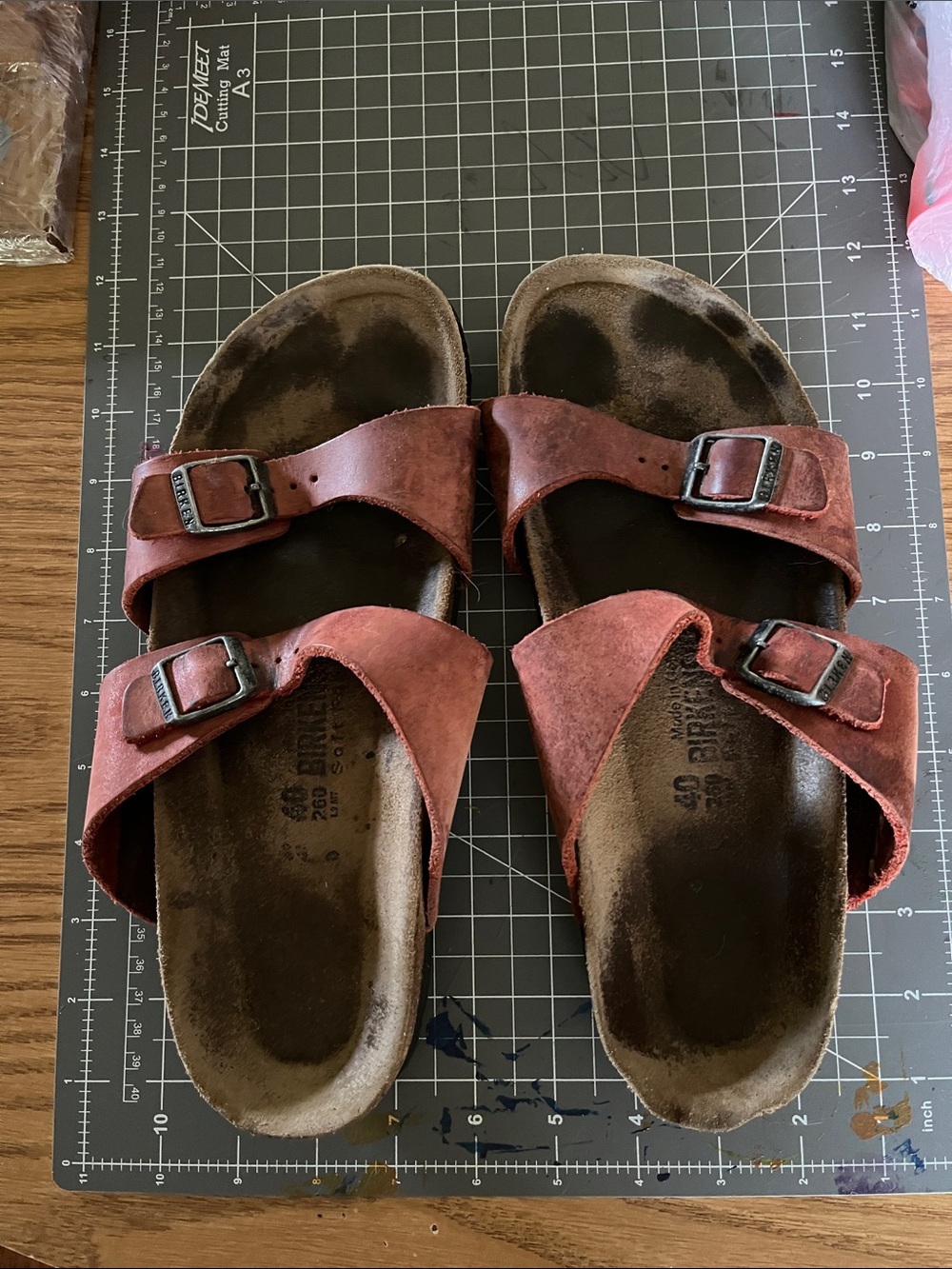 Red Leather Birkenstock Women Arizona Suede Double Buckle Sandals Size 40 /9/9.5